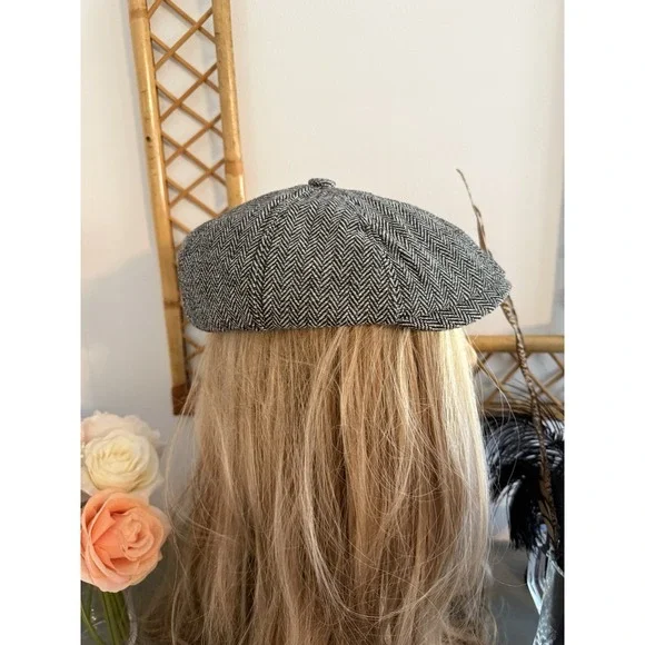 Newsboy Paper Boy Baker Boy Cap Gray Herringbone Tweed Hat Unisex OS Vintage - Picture 14 of 16